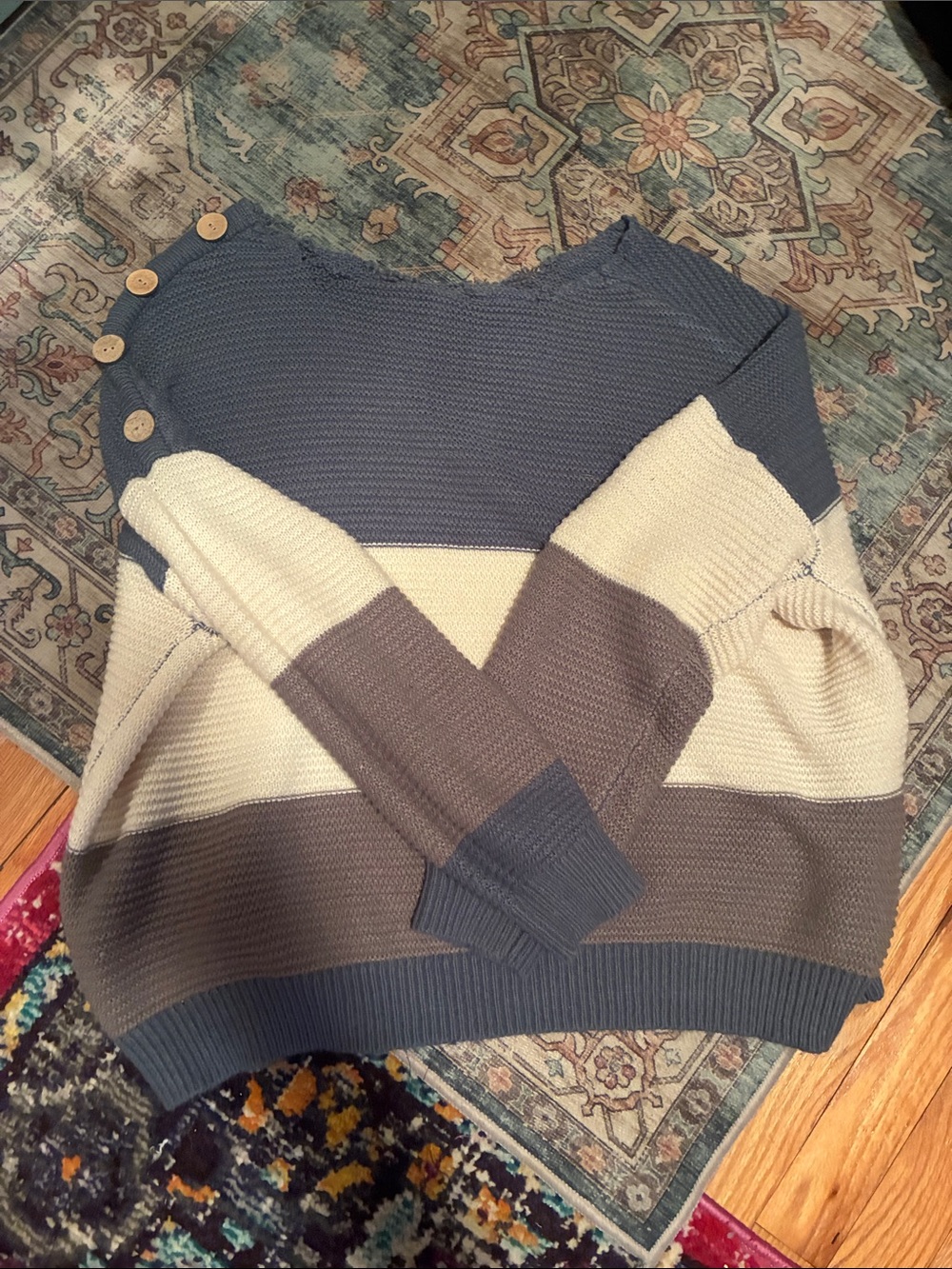 Womens Striped Button-Shoulder Crewneck Sweater - Blue, Cream & Gray
